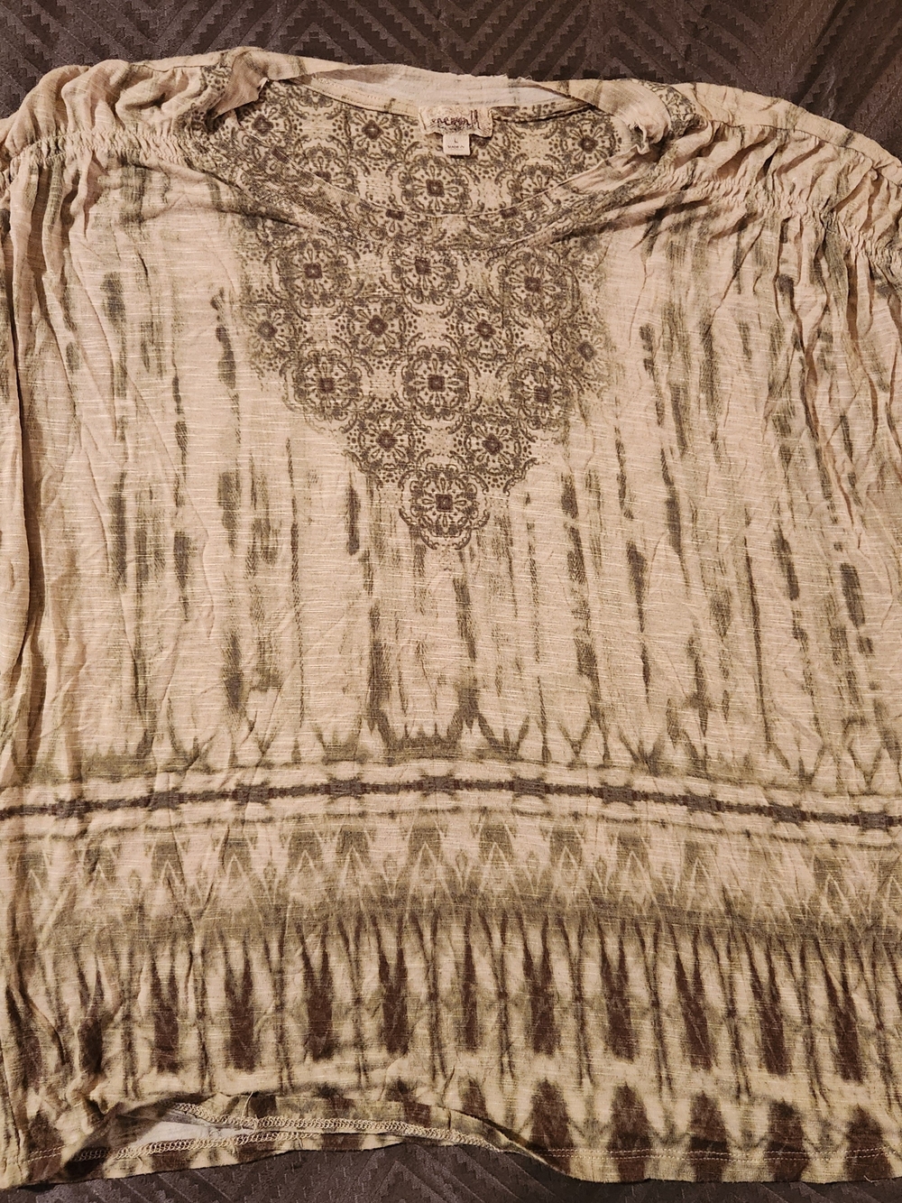 One World Women's Neutral Boho Top with Ornate Yoke L